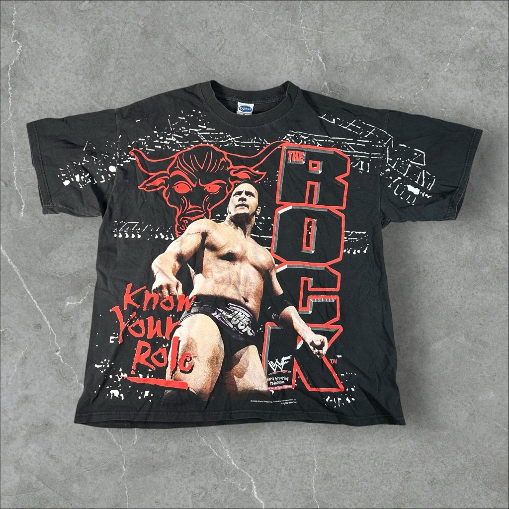 Vintage The Rock Shirt Mens Xl Black 1999 90s Wwf Aop Cygnus Wrestling Know Role